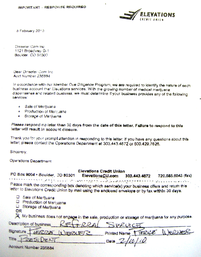 Elevations Credit Union refuses business with medical marijuana dispensaries