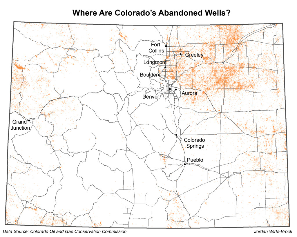 The orange dots indicate abandoned oil and gas wells in Colorado. Estimates indicate 7.7 percent of them could be leaking.