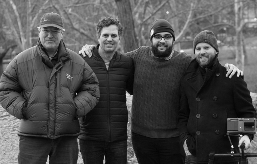 Director Jon Bowermaster, Executive Producer Mark Ruffalo, Assistant Cameraman Francesco Cordaro and Camera Operator Chris Rahm film the last scene of Dear President Obama in Central Park. 