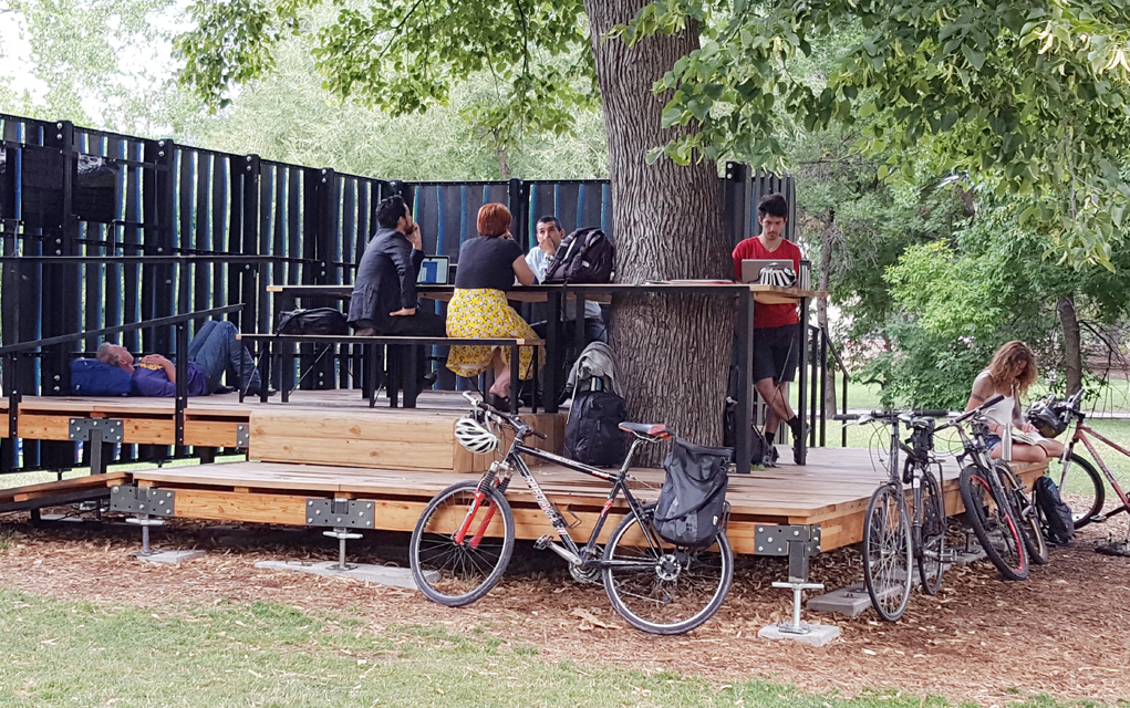 TREExOFFICE by artist Natalie Jeremijenko in front of BMoCA is available for public use, replete with Wi-Fi and charging stations. 