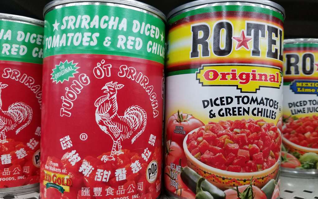 Sriracha sauce with tomatoes can be blended with cheese instead of the iconic Ro-Tel. 