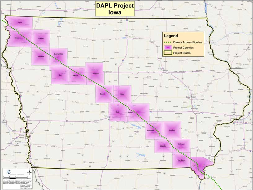 The DAPL route in Iowa, which runs through 18 counties and mainly on private land. 