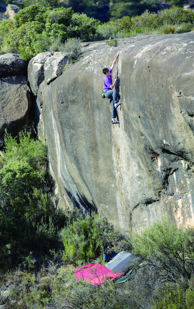 Paul Robinson on the first ascent of The Night Wanderers (V9), Alcaniz, Spain.