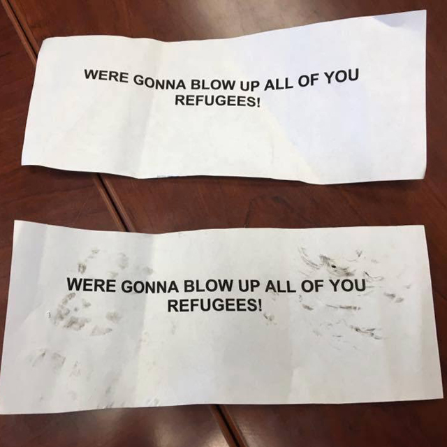 Two identical notes were found at a refugee-services building in Aurora last week. 