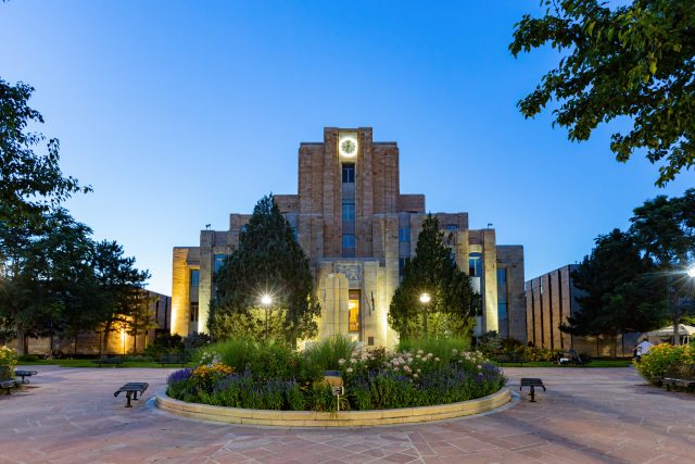 Night view of The Boulder County Courthouse.