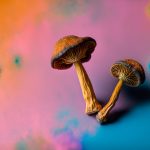 Two dried psilocybin mushrooms on a rainbow-coloured background.